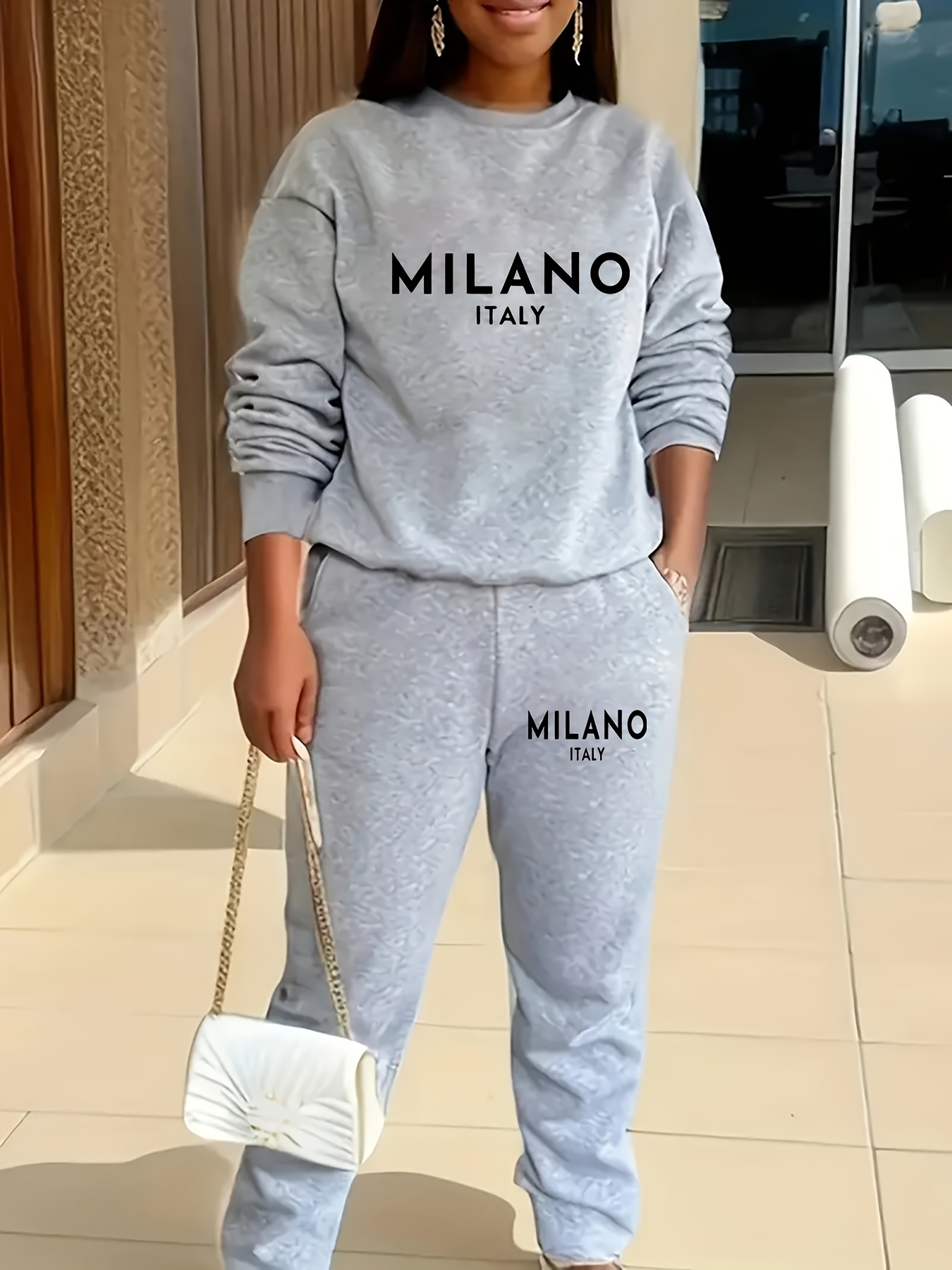 two piece set womens casual sports suit fls1021wm21 geometric pattern crew neck polyester   stretch knit fabric 230g   autumn winter womens fashion