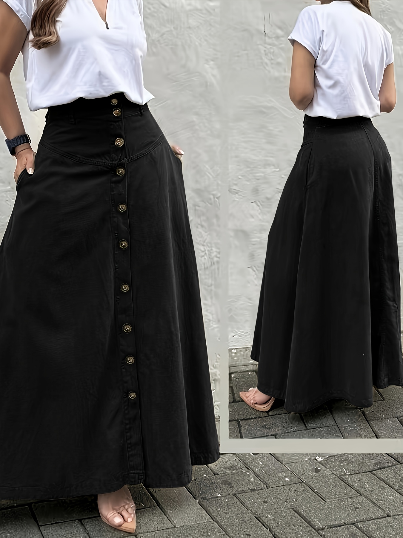 Women's Elegant Solid Color High Waist Mid-Long Skirt, Fashionable and Practical with Pockets and Button Front Slit A-line Skirt, Can be Worn in Spring, Summer, Autumn and Winter