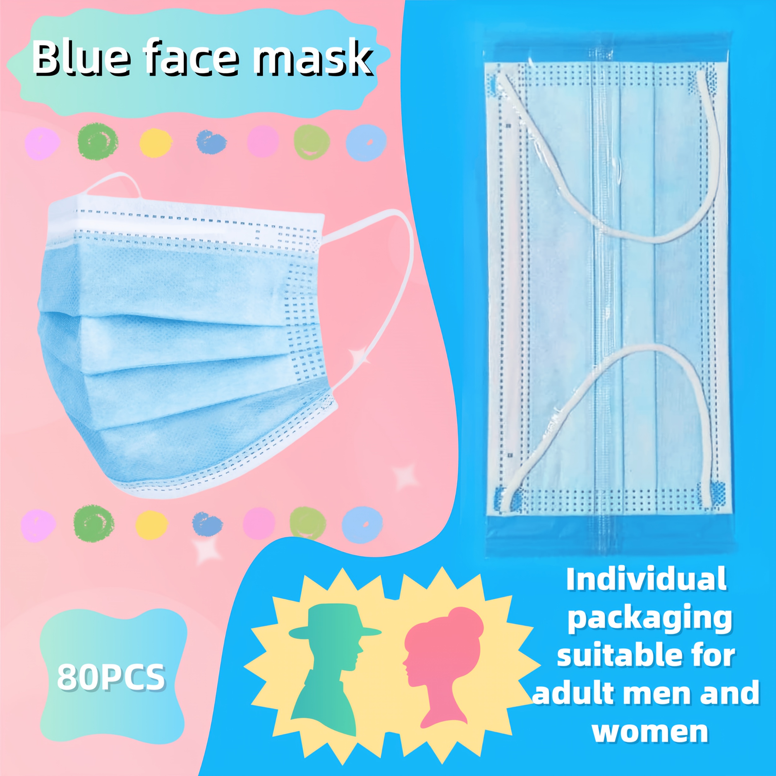 

Masque bleu et blanc, à suspendre aux oreilles, 40pcs/ 80pcs par , bande de pont nasal réglable, respirant et , emballage , peut utilisé en intérieur (non médical)