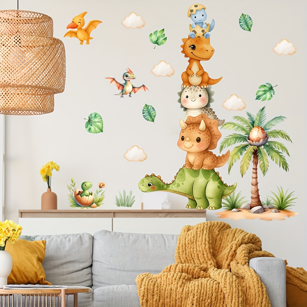 Cartoon Dinosaur Coconut Tree Cloud Themed Wall Sticker Suitable For , Kindergartens, Bedrooms, Living Rooms, Sofas, Background Wall Decoration