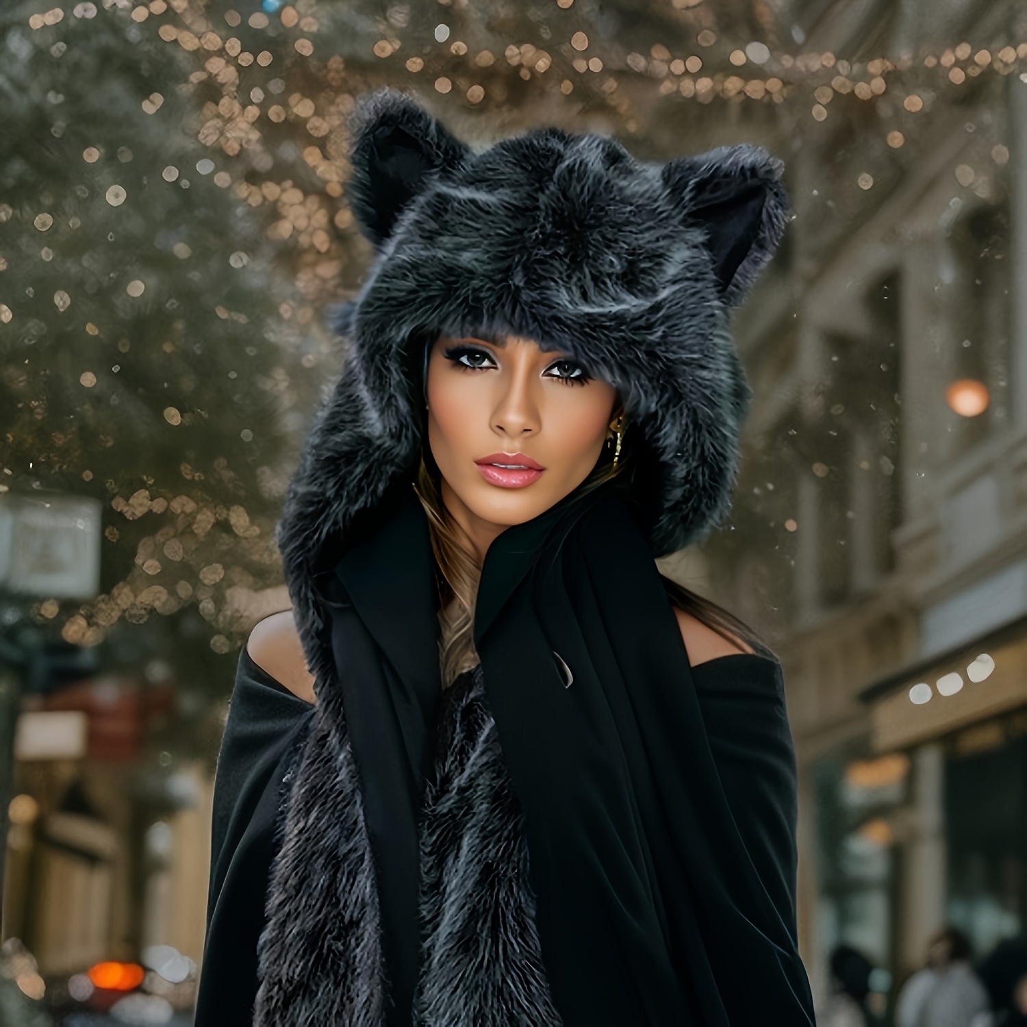 

Cozy Fur Fox Ear Hoodie - , Hat With Integrated Scarf For Women | Perfect Valentine's Gift