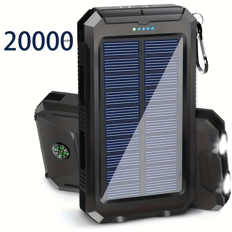 10000 20000mah portable solar power bank portable solar mobile phone charger camping external battery charger for mobile phones 2 usb led flashlights with compass for outdoor activities