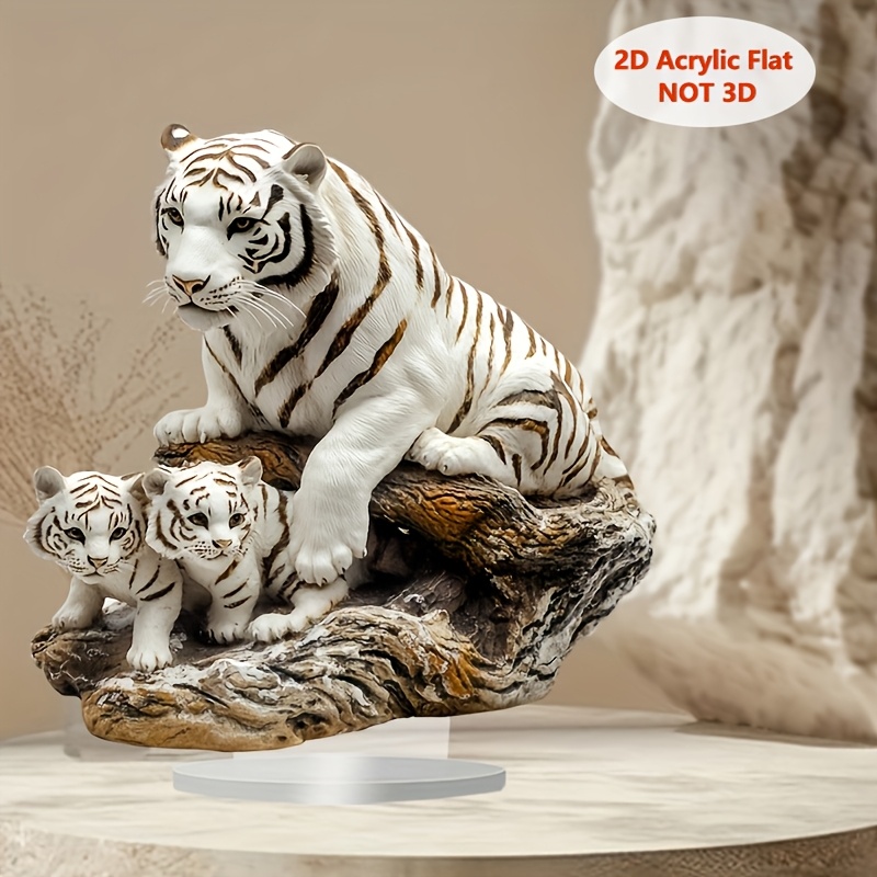 

2d Flat White Tiger & Cubs Acrylic Desk Decor - Office, Cafe, Or Home - Unique Gift Idea