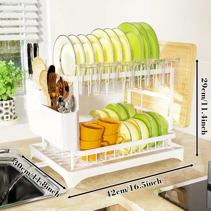 dish drying rack 2 tier dish racks for kitchen counter dish rack with mat dish drainer with knife fork cup rack gifts for women mothers day cool stuff kitchen gadgets Product details 2