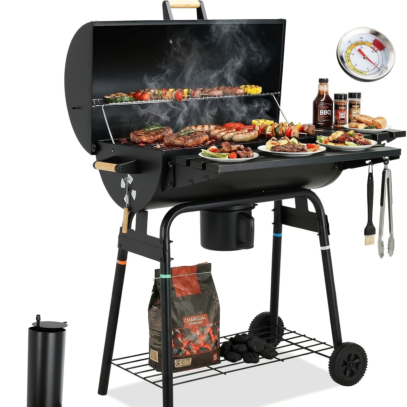 Image of Grill, , Multi-functional Grill, Charcoal Grill With Chimney, Thermometer, Removable Ash Pan, Foldable Shelf And , Suitable For Garden, Patio, Camping And Barbecue Parties, Without Battery
