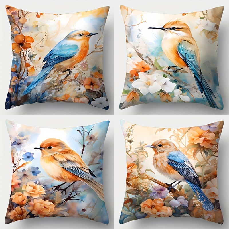 

4-piece Set Bird & Floral Throw Pillow Covers, 17.7" Square, Single-sided Print - Perfect For Living Room Sofa Cushions, Hand Wash Only, Zip Closure