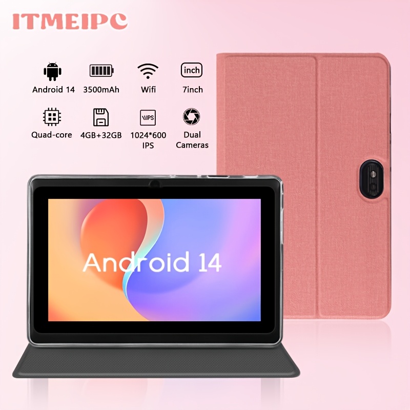 ITMEIPC 7 Inch/17.78Cm Android 14 Tablet, 4GB (2GB + 2GB Expanded) RAM, 32GB ROM, Quad-Core Processor, 3500Mah Battery, IPS Screen, Dual Camera, Wi-Fi, Type-C Charging, with Pink Case, Easter Preheat, Tablet, Pad