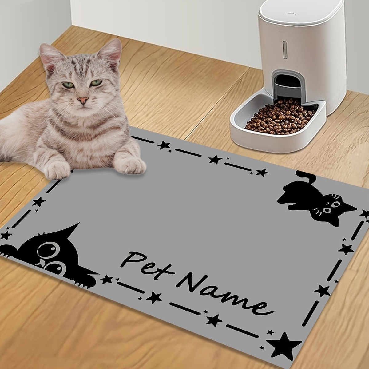 TEMU 1pc Name/slogan Pet Feeding Mat Suitable For Cats & Small Dogs, Non-slip Name/text & Kitten-themed Floor Mat With Star Border, Food Bowl For