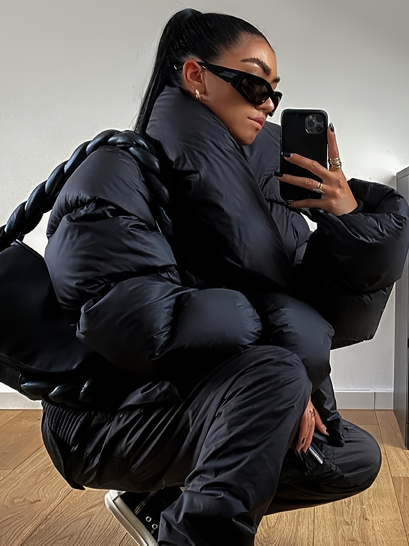 womens elegant winter puffer jacket with detachable hooded collar short   coat quilted waist short length non stretch outerwear for cold weather black hand washable jacket for dresses skirts layering black 4