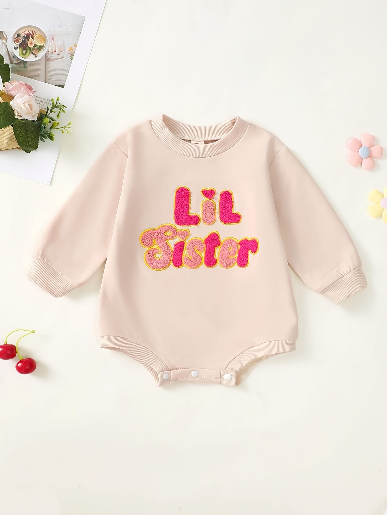 cute beige baby bodysuit with lil sister glitter lettering soft comfortable and   showers or photoshoots for outdoor beige 0