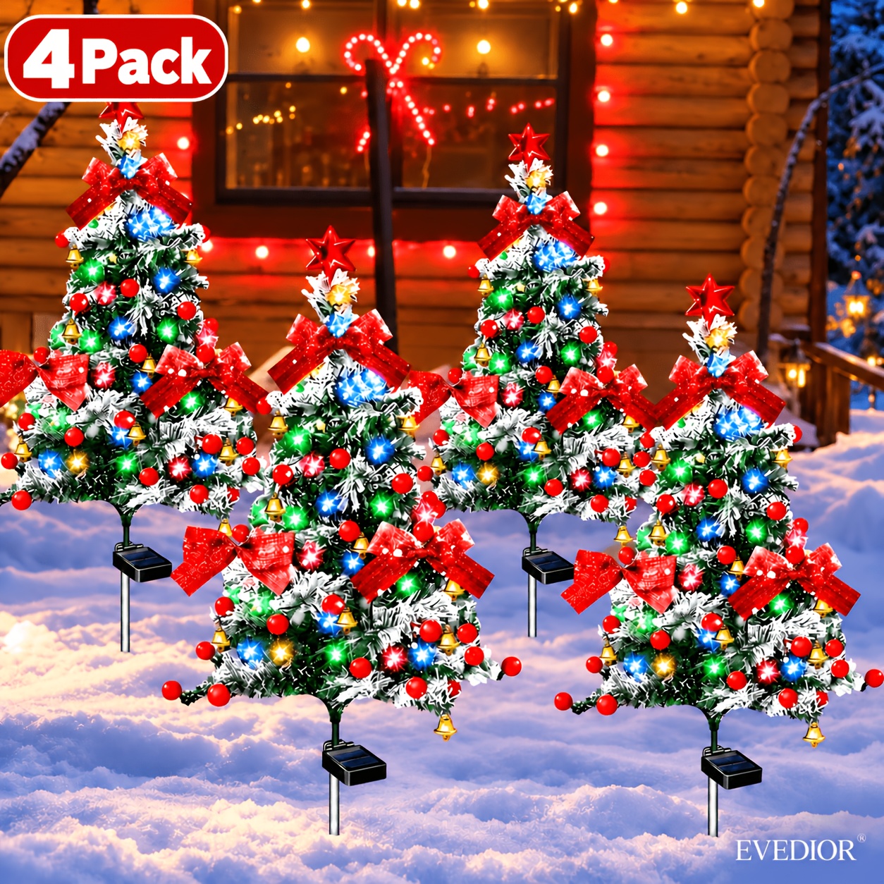 TEMU 4-pack 93 Cm Solar Cedar Christmas Tree Lawn Lights, Multicolor Led Snow-flocked Artificial Pine Stake Landscape Lights With Red Bows, Bell