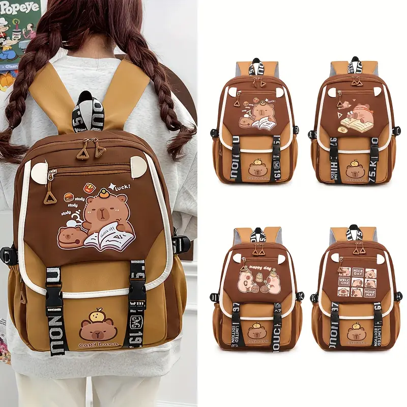 new cute capibara pattern backpack large capacity fashion casual school bag details 4