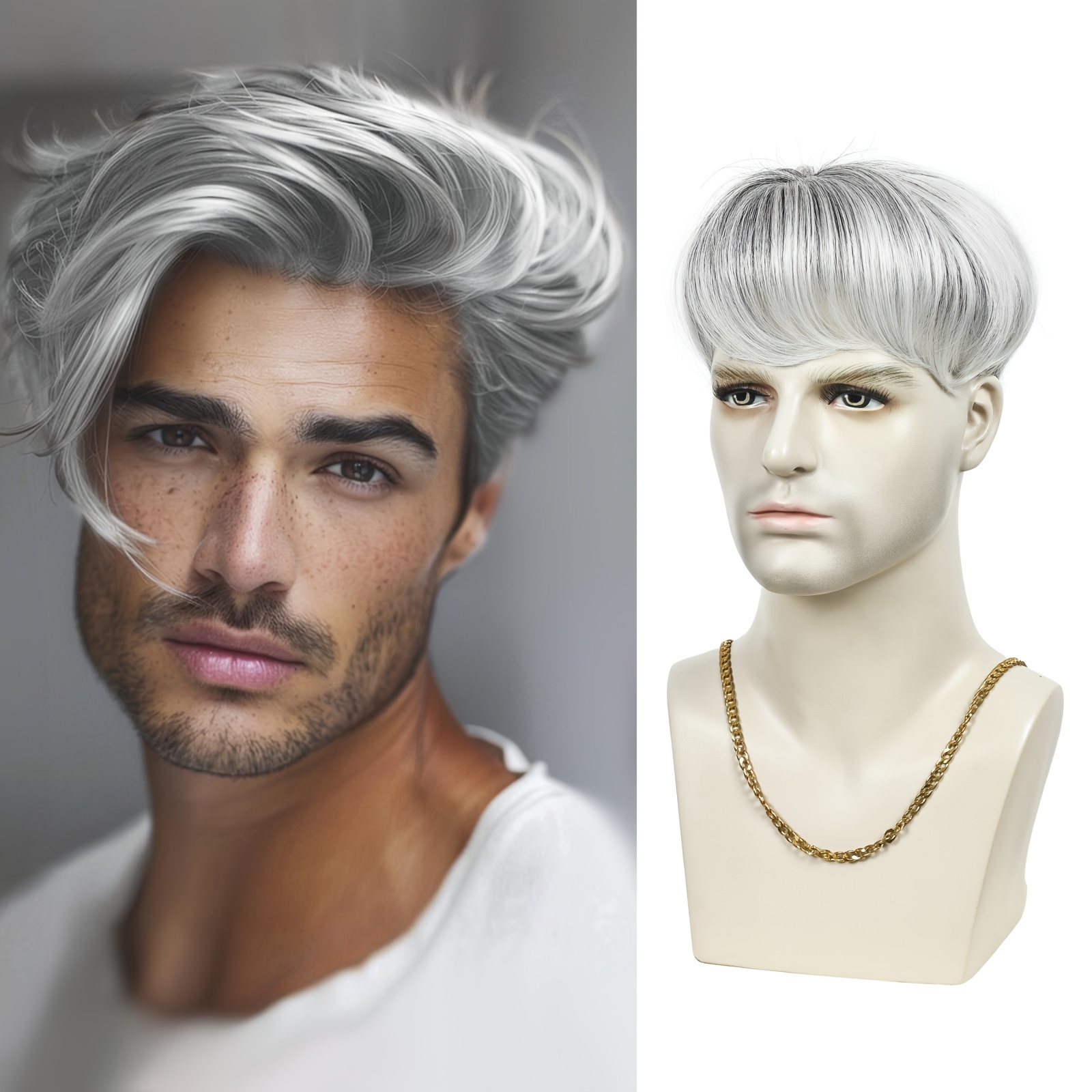 TEMU [style ] Men's Clip-in Grey Hair Toupee - 8" Straight Synthetic Fiber Topper, , Natural Look For All Hair Types, High-temperature Fiber For Long-lasting Style