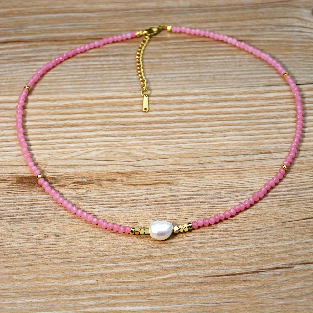 Boho Pink & Freshwater Pearl Necklace with Golden Spacers