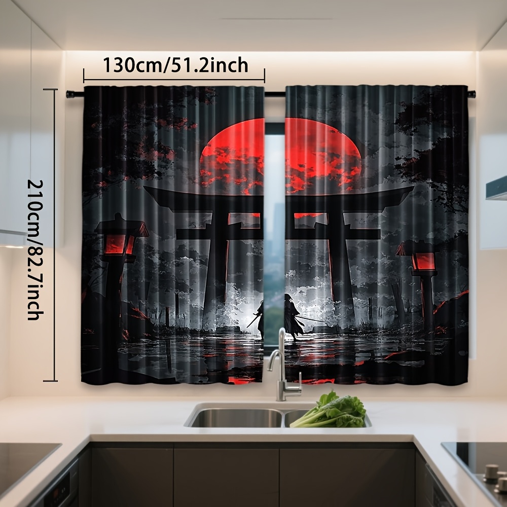 TEMU 2 pièces, Rideaux Imprimés Porte Torii Rouge Fille Anime en Polyester à Poche pour Tringle, Filtrage de Lumière pour Chambre Salon Bureau, Idéal