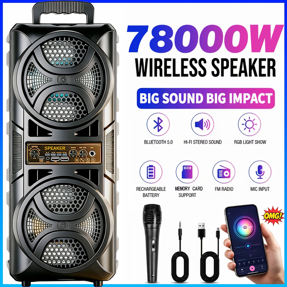 Image of Portable Bluetooth With Dual 6.5 Inch Speakers, Powerful Subwoofer, Led Light Effects, Tws Stereo, Aux/usb/tf Card Support, Wireless Speaker For Parties, Home And Outdoor Events