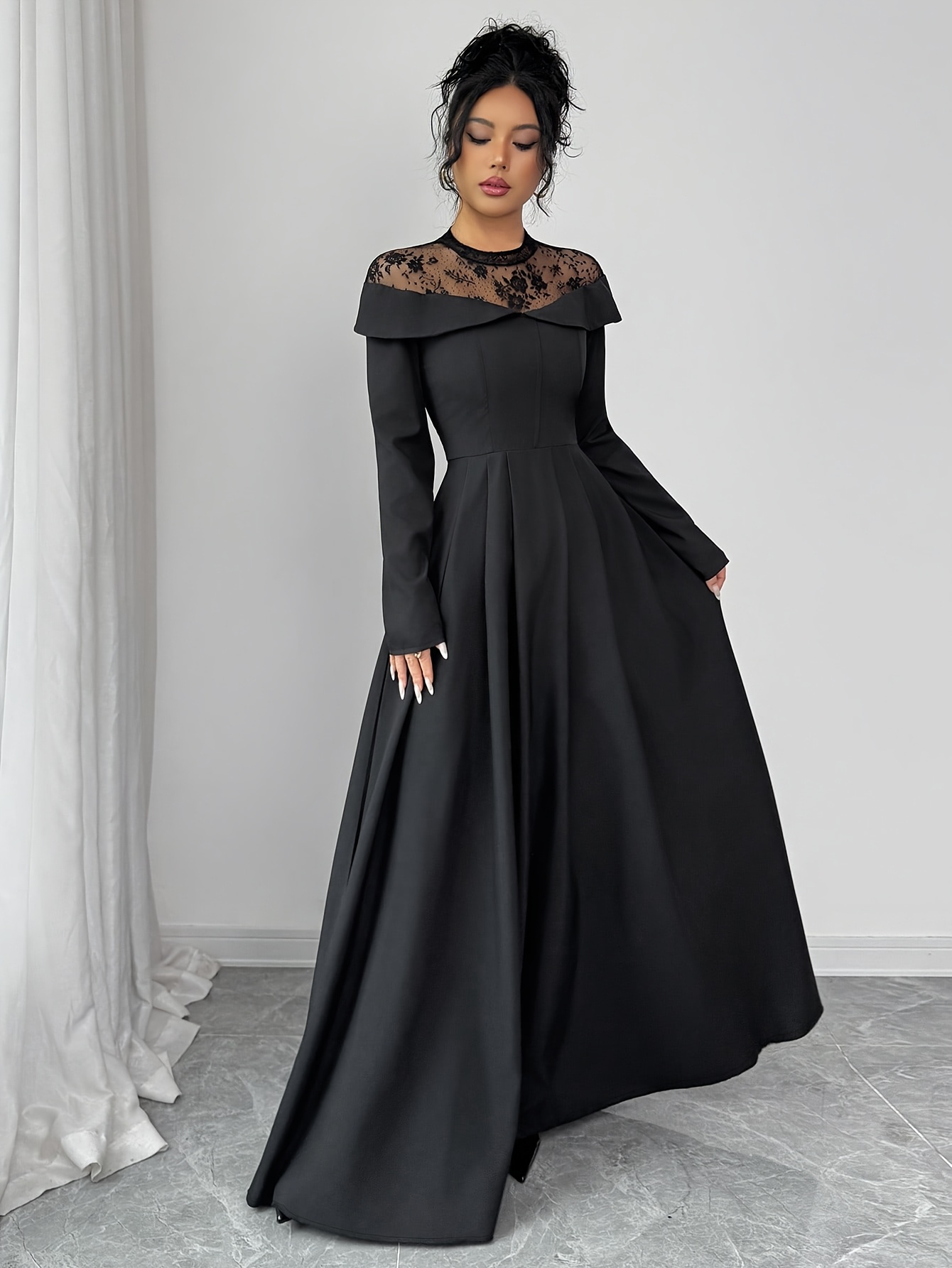 s elegant white a line maxi dress with mesh panel lace like sheer back long sleeve length wedding guest gown round neck formal evening dress machine washable no stretch Product details 4