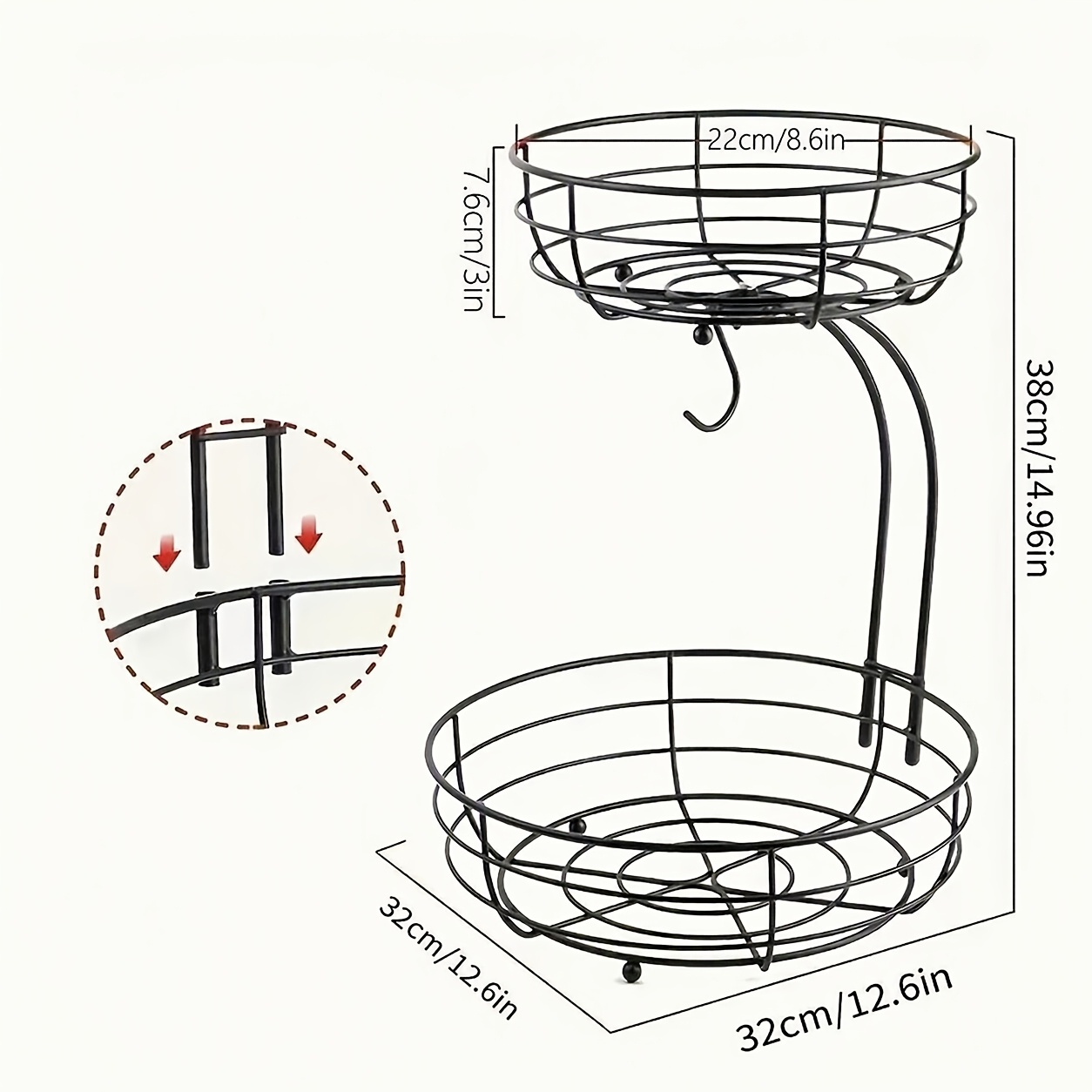 2-tier Metal Wire Fruit And Vegetable Basket With Banana Hook, Detachable Design For Kitchen Counter Storage, Black Wire Storage Baskets For , Grapes, Oranges, Tomatoes, And , Solution