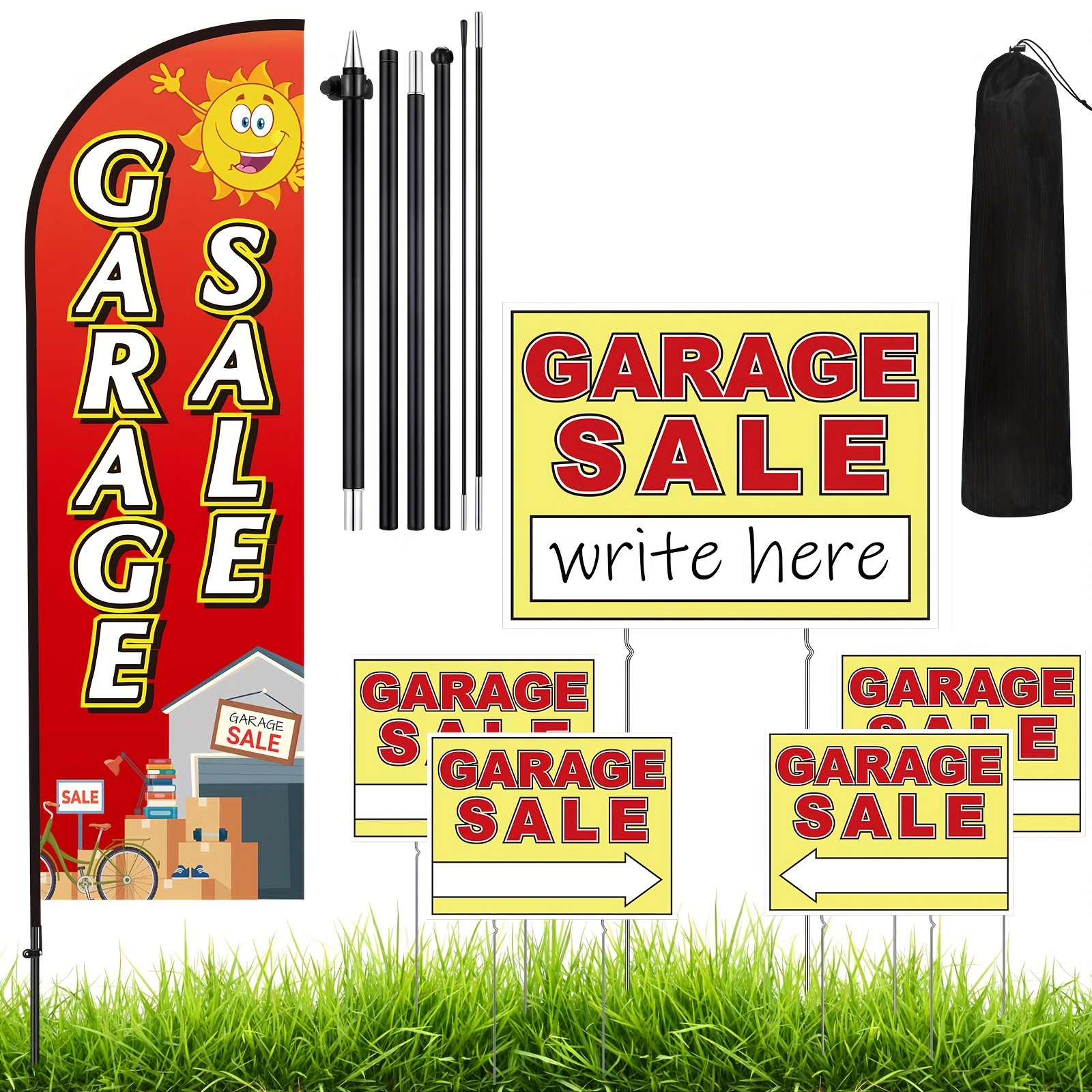TEMU 6pcs Garage Sale Signs Kit, 1 Kit 7 Ft Garage Sale Feather Flag With Pole, 5 Pack 12 X 16'' Double Sided Garage Sale Sign With Metal Stakes,