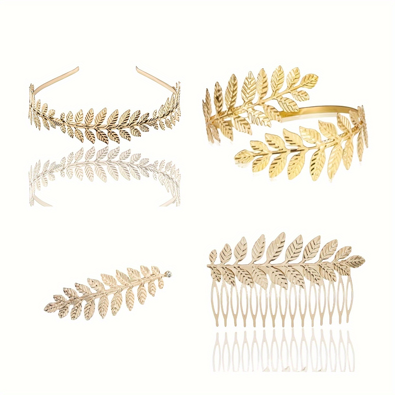 

4-piece Greek & Roman Laurel Leaf Set - Golden Tiara, Bracelets, Armbands & Hair Comb For Women - Perfect For Weddings, Parties & Costume Accessories