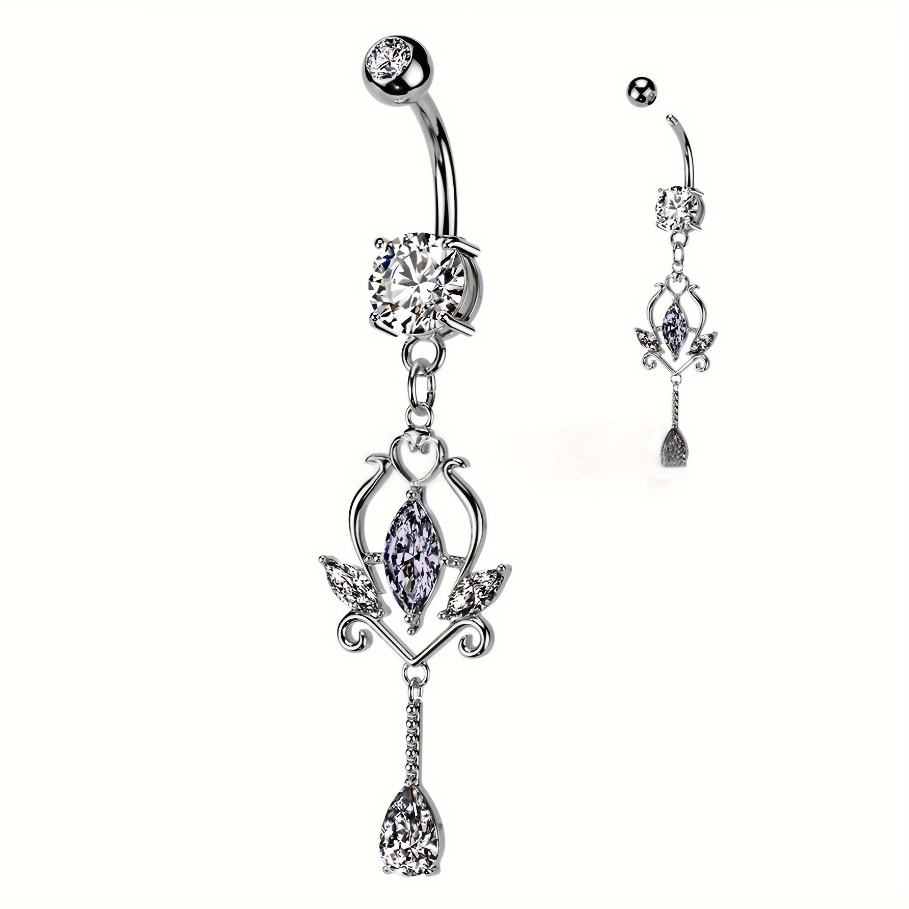 E-shop Eleganter Hänge-Nabelring mit Blumenmuster und synthetischem Zirkonia, Nabelring aus Edelstahl, glänzender und wunderschöner Anhänger Nabel