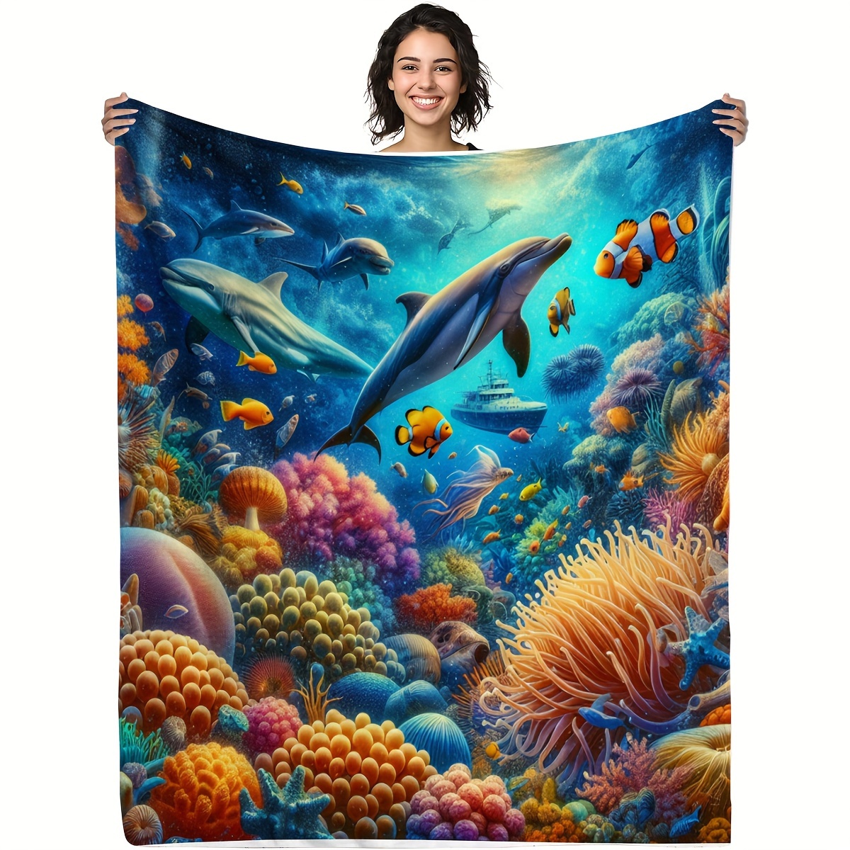 

1pc Underwater World Fish Blanket Gifts Blanket For Ocean Animal Lovers Blanket Soft Flannel Sofa Blanket Tv Blanket For Couch Sofa Office Bed Camping Travel, Multi-purpose Gift Blanket For All Season