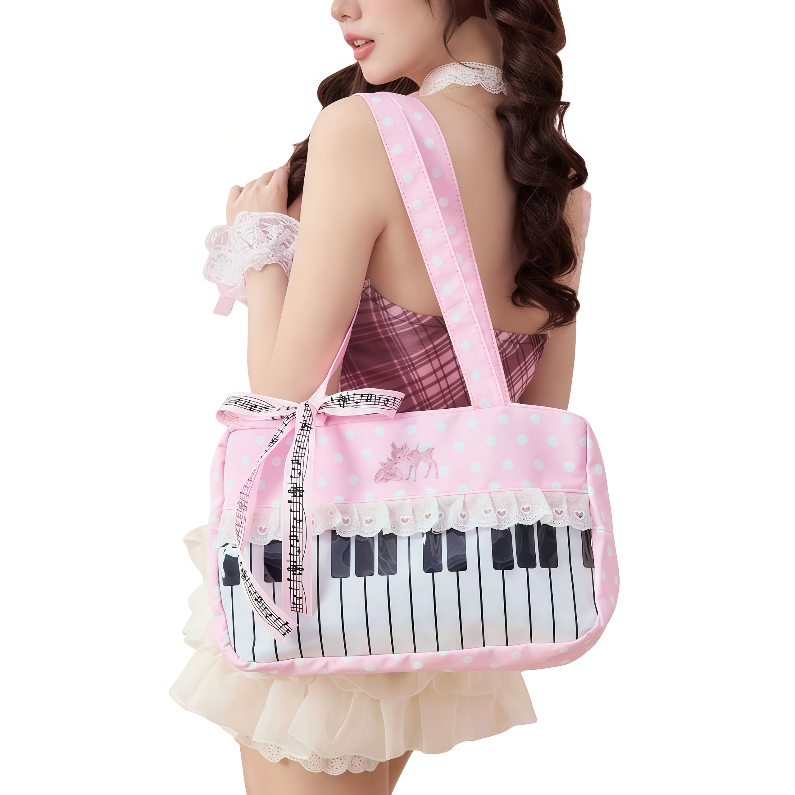 TEMU A Pink Y2k Spicy Kawaii Sweet Cute Classic Retro Polka Dot Piano Lace Trim Note Bow Pop Art Stylish Minimalist Women's Tote Bag, Suitable For
