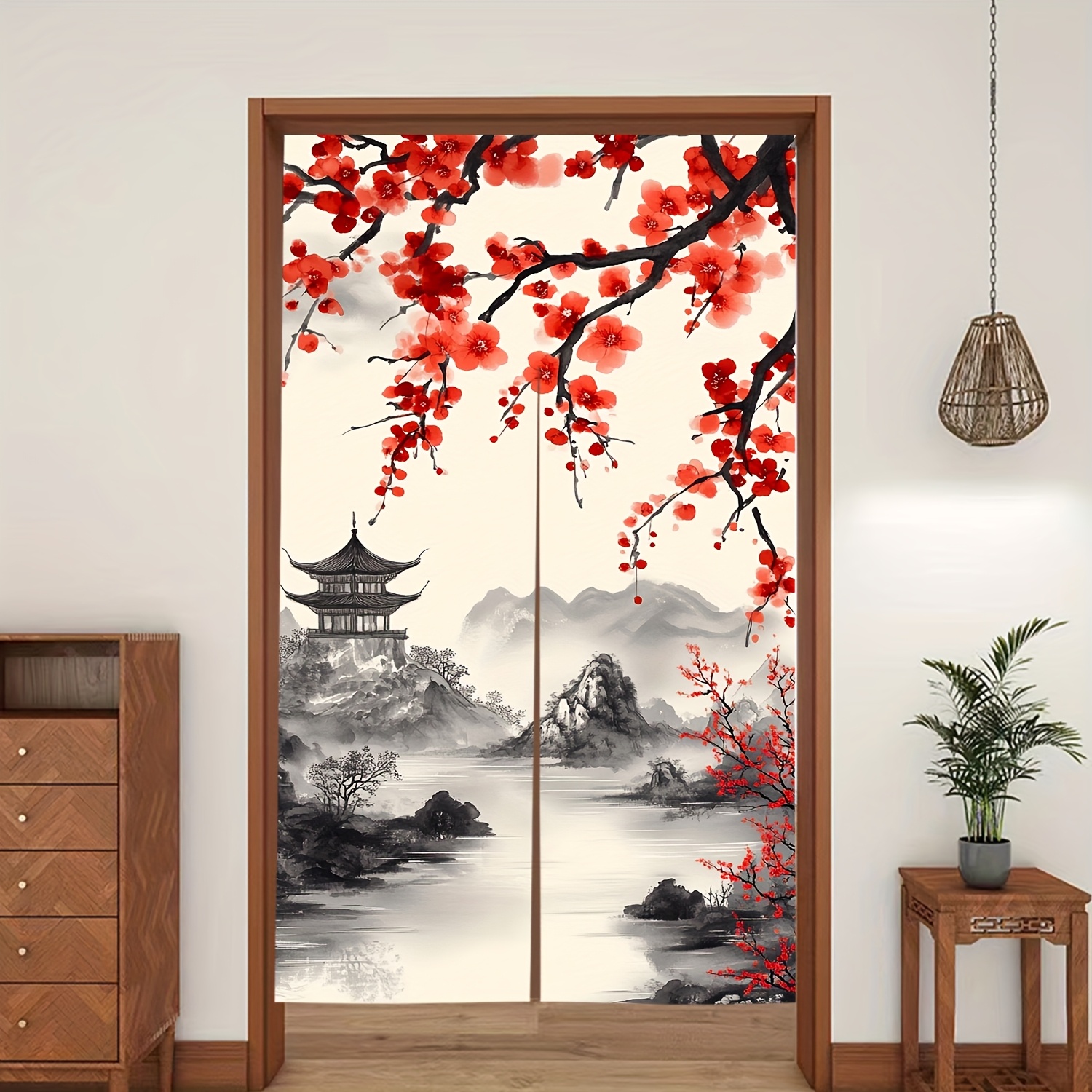 TEMU 1pc, Rideaux de Porte Style Japonais avec Éléments de Peinture Paysage, Taille 34inchX56inch, Rideaux Occultants, Décoration Maison Japonaise,