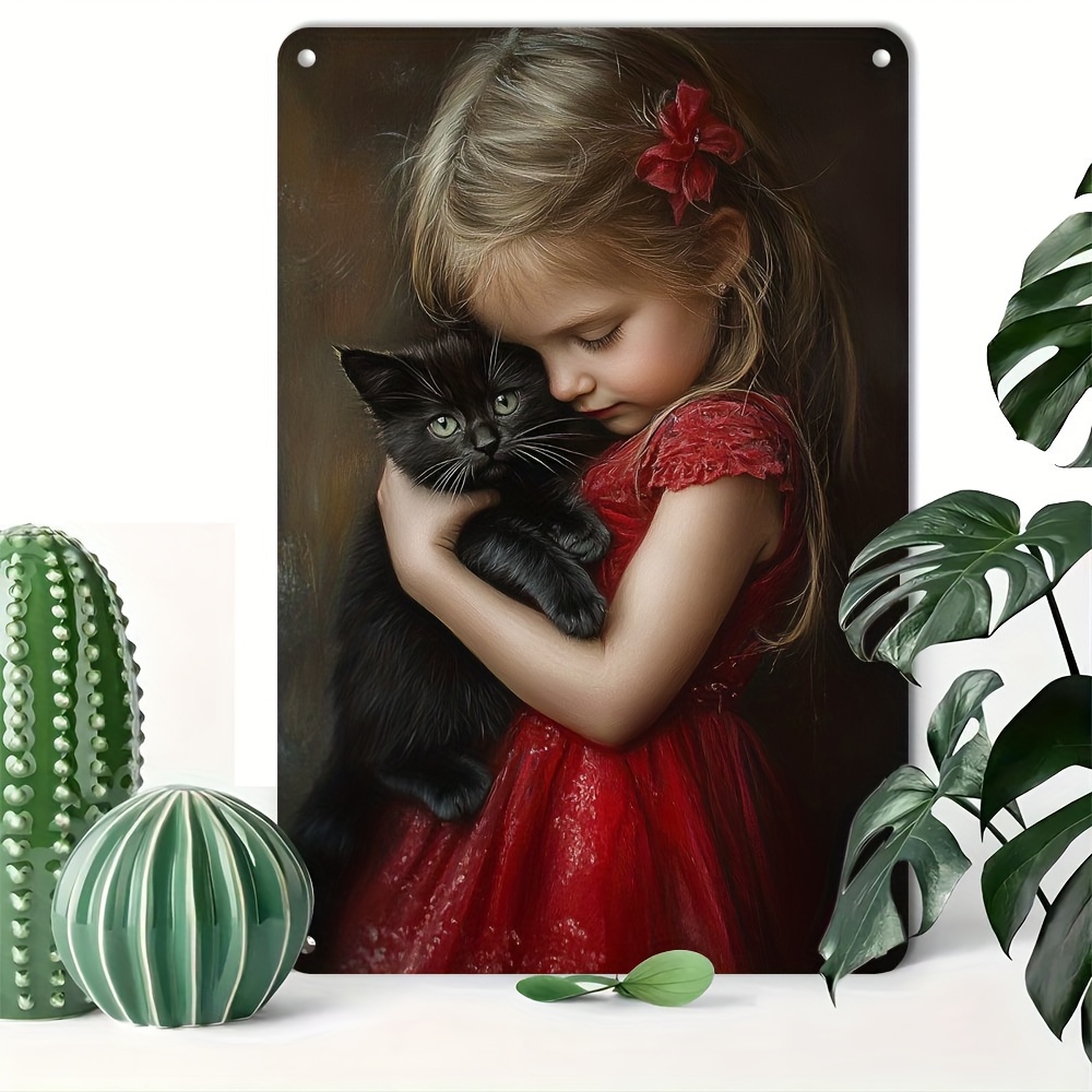 

Vintage Aluminum Metal Sign: Black Cat And Girl, Retro (8x12inch/20*30cm)