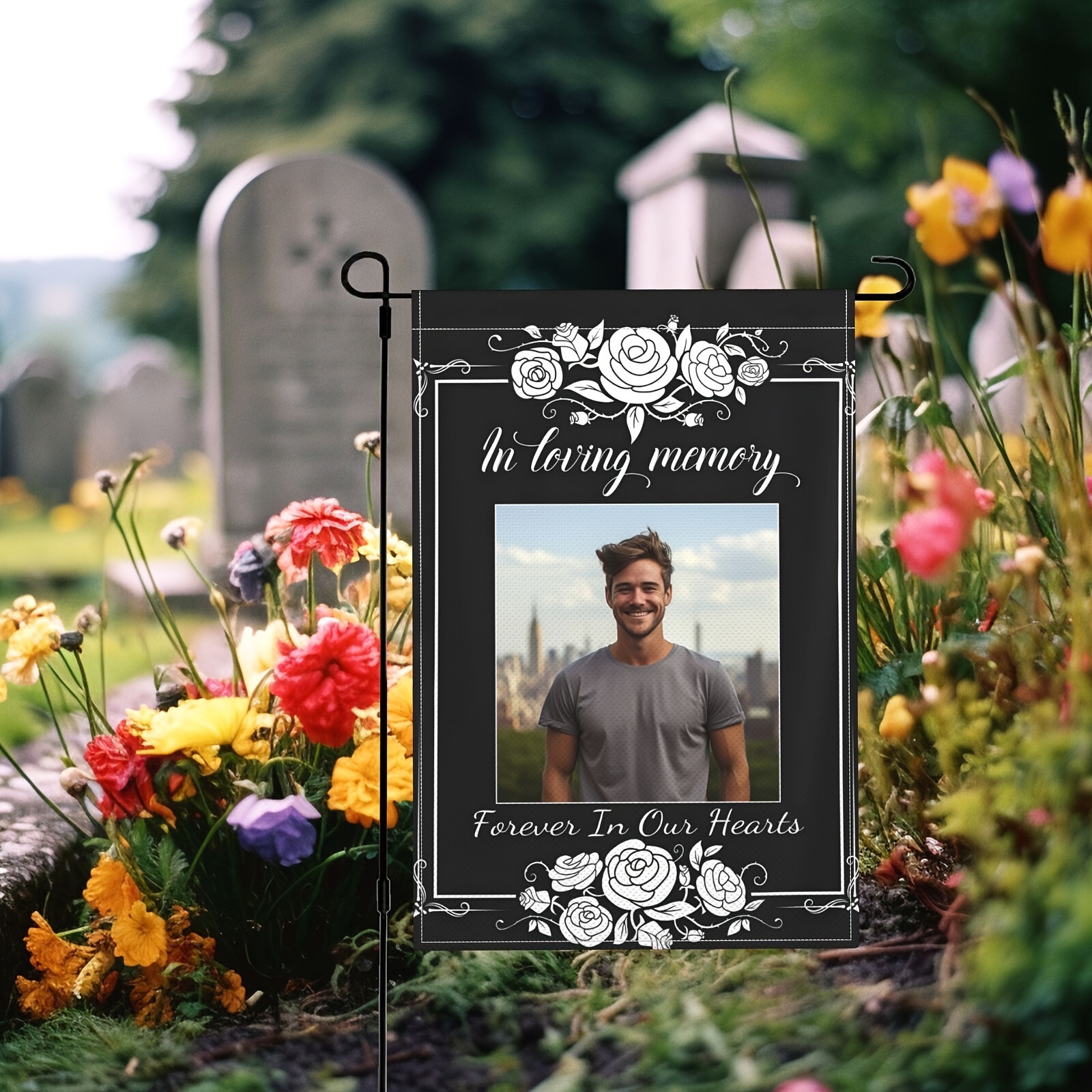 

1pc, In Loving Memory, Custom Personalized Memorial Garden Flags With Photo, Customized Funeral Sign Memorial Gifts, Decorations For Cemetery Grave Outdoor Yard Lawn, No Metal Brace, 12x18in