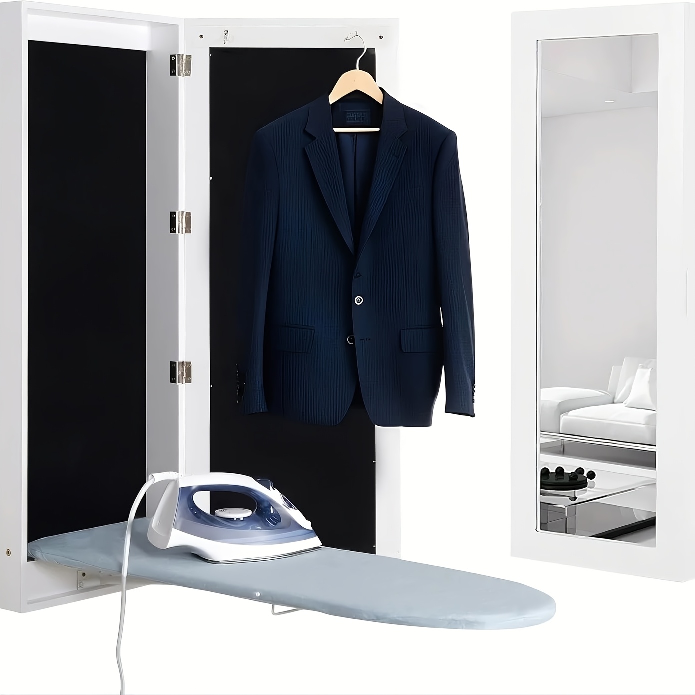 Organizedlife Space- Wall Mounted Ironing Board Cabinet With Mirrored Door, Slim, Foldable Ironing Board For Laundry Room, White, Perfect For Small Flats & Modern Homes