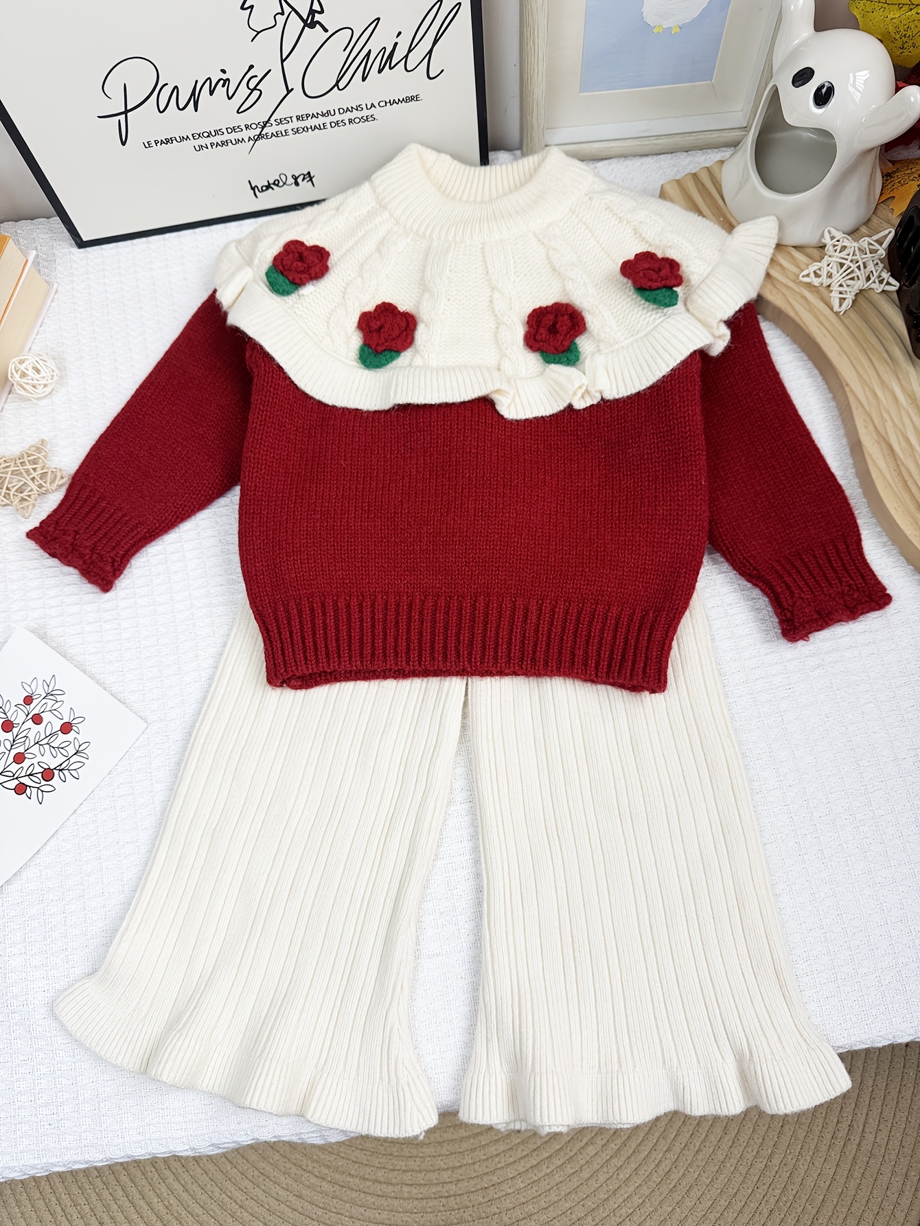 cute girls floral applique knit sweater pants two piece set Temu