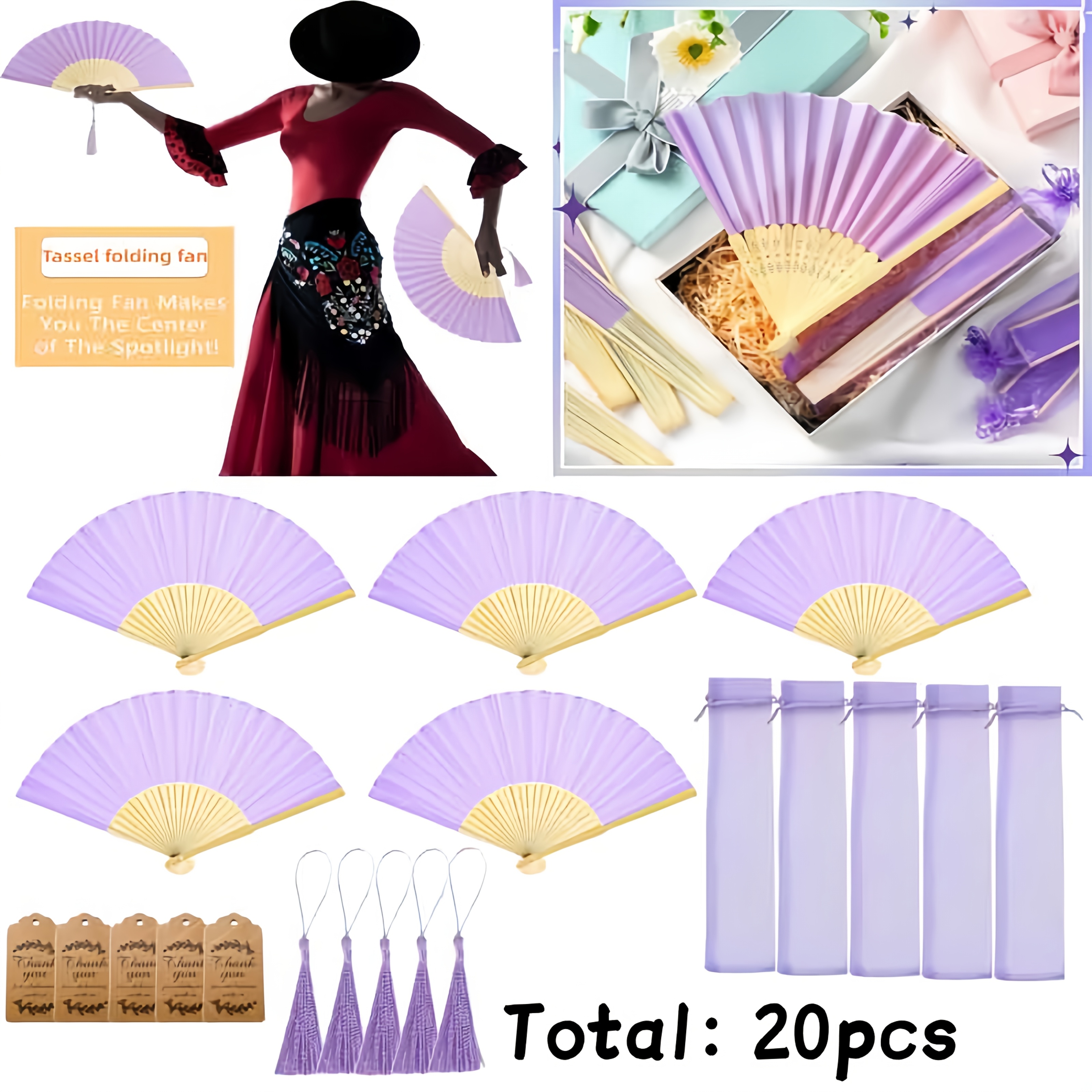 TEMU Ensemble de 20 pièces comprenant 5 cartes de remerciement, 5 pompons, 5 éventails, 5 sacs pour éventails, éventails pliants à main, éventails de