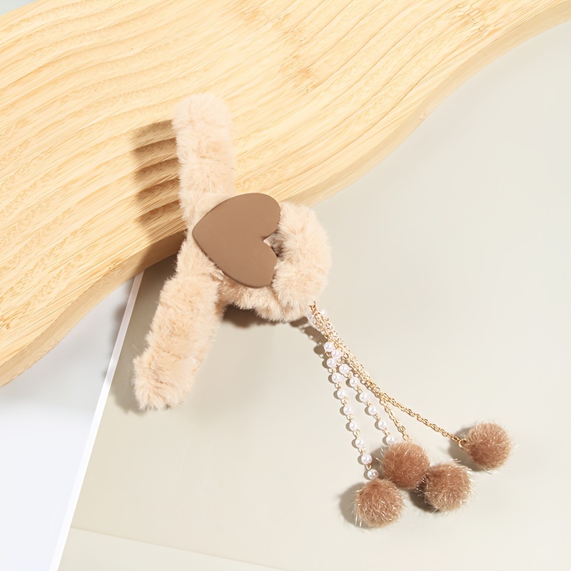 Image of Elegant Dual-sided Heart Plush Hair Claw With Tassel Charm - Large, Cute Shark Clip For Girls | Fall/