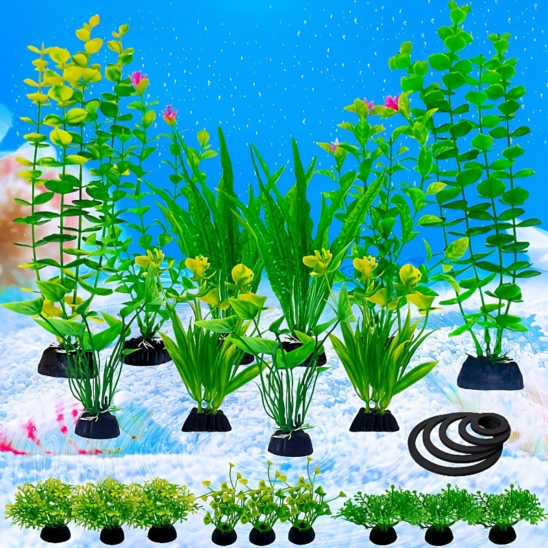 

24pcs Artificial Aquarium Plants, Assorted Sizes And Colors, Fish Tank Decor With Water Ornament & Aquatic Grass, Includes Blocking Rings Set For Aquatic Decoration Accessories