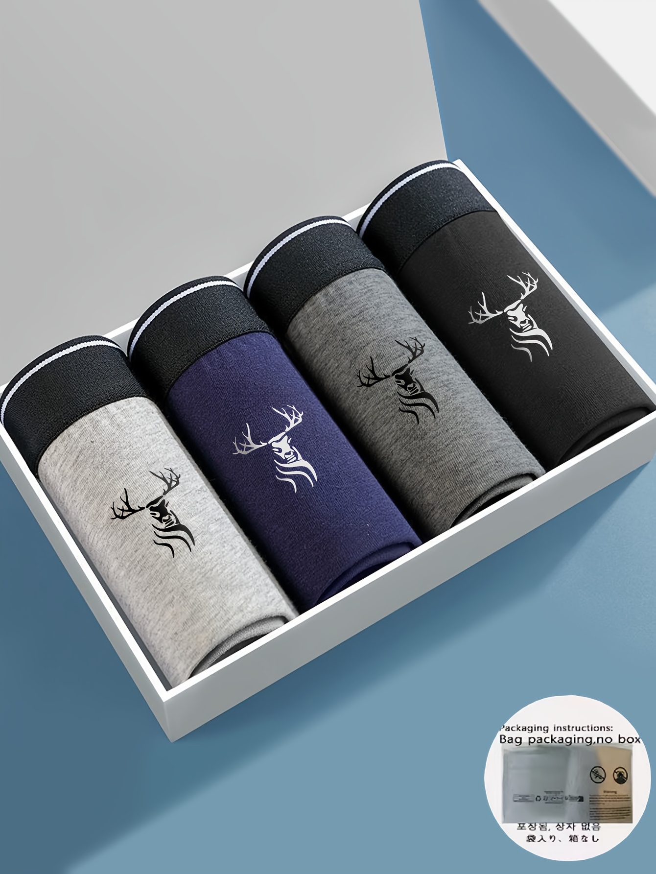 4-Pack Men'S Deer Head Print Boxer Briefs - Stretch Fabric, Comfort Fit Underwear with Stylish Animal Design, Black, Gray, Blue, and White Options, Comfortable Underwear | Deer Head Print | Medium Elasticity