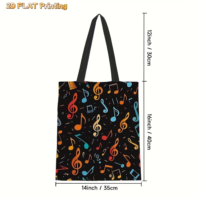 1pc, Trendy Canvas Tote Bag, Women' Notes Pattern Handbag, Simple Shopping Bag For Day, 2d Flat