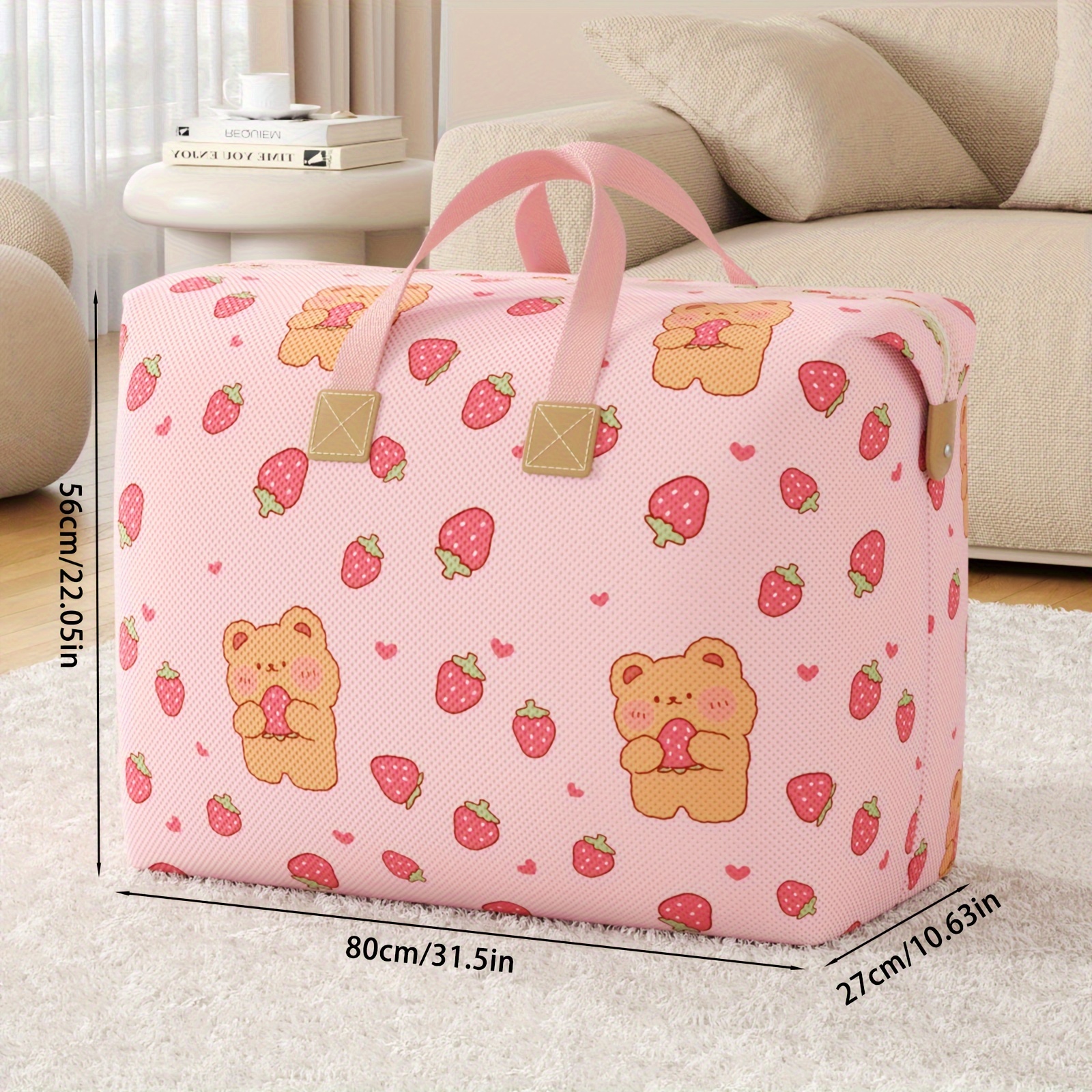 TEMU Youfen Large Capacity Pink Bear Storage Bag - Non-woven, Space-saving Organizer For &
