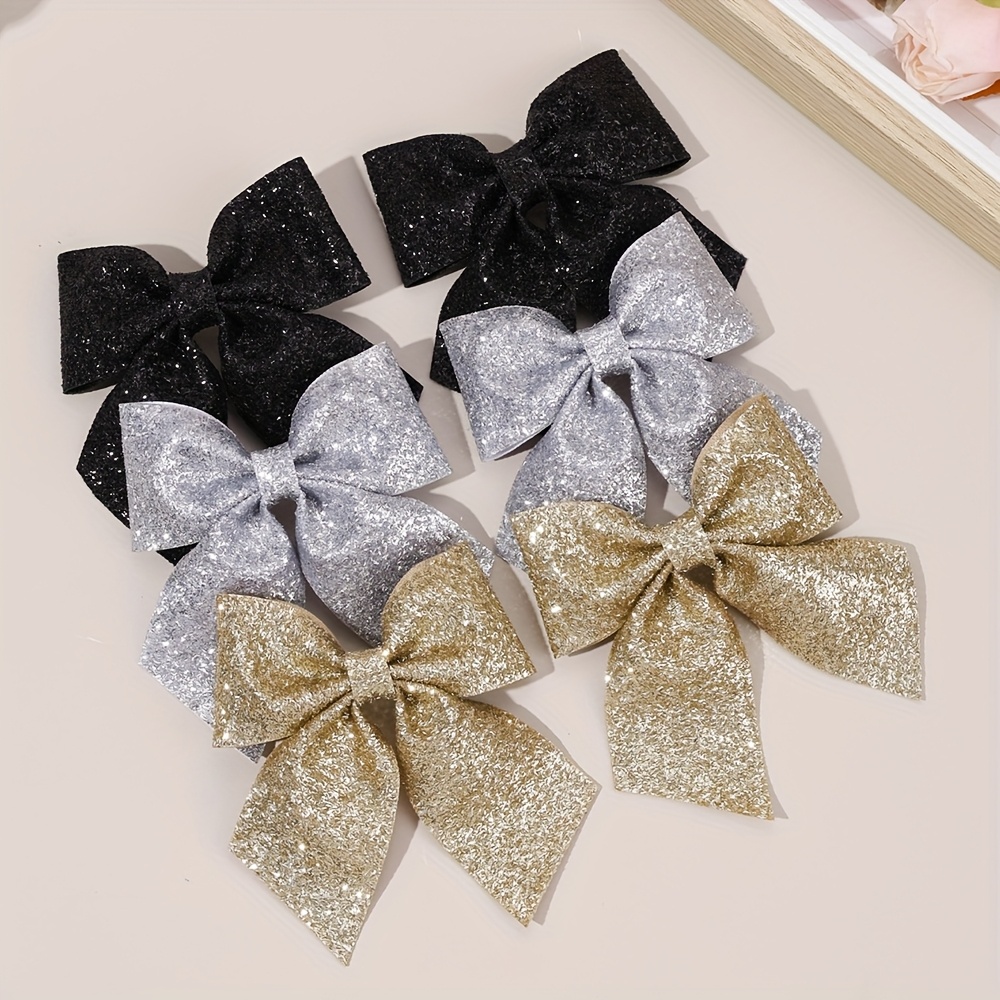 TEMU 6pcs Y2k Style Glitter Hair Bow Clips For Womens 3.9inch Solid Color Cheer Bow Hairpins Sparkly Womens Hair Accessories Suitable For Cheerleader