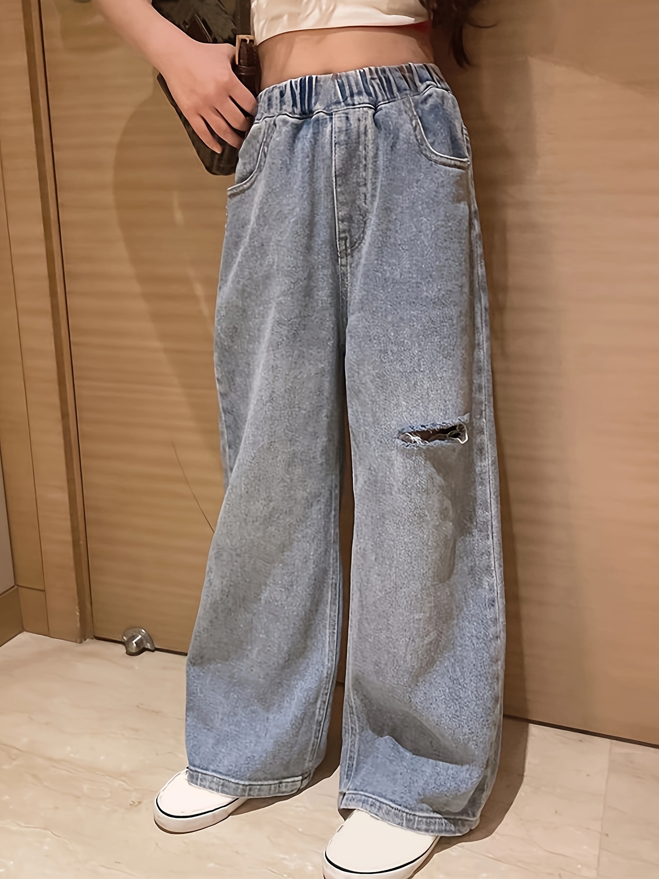 Baggy Denim Jeans For Girls Loose Fit Ripped Wide Leg Denim Trousers For  Everyday Streetwear