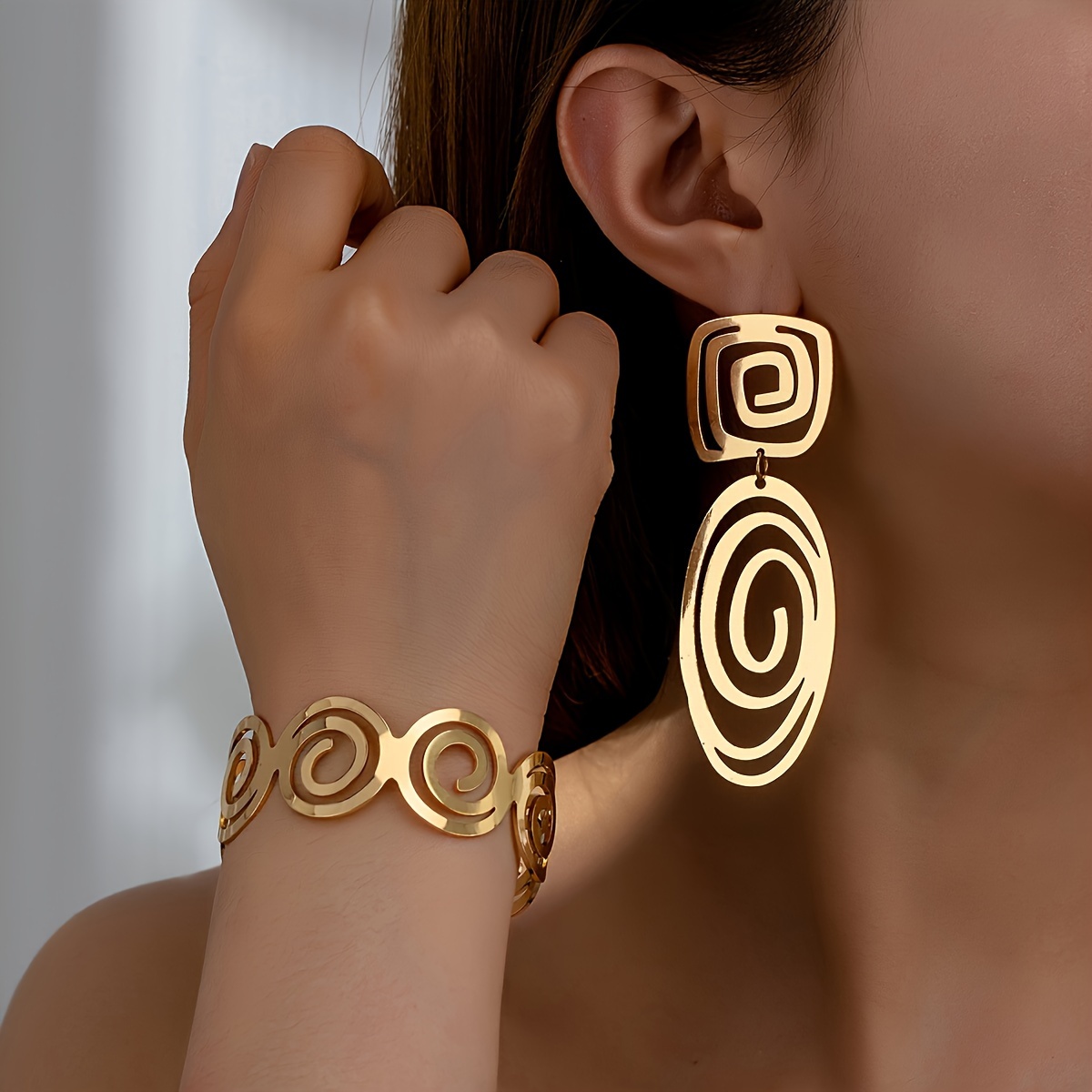 Vintage Iron Circle Earrings & Bangle Set for Women