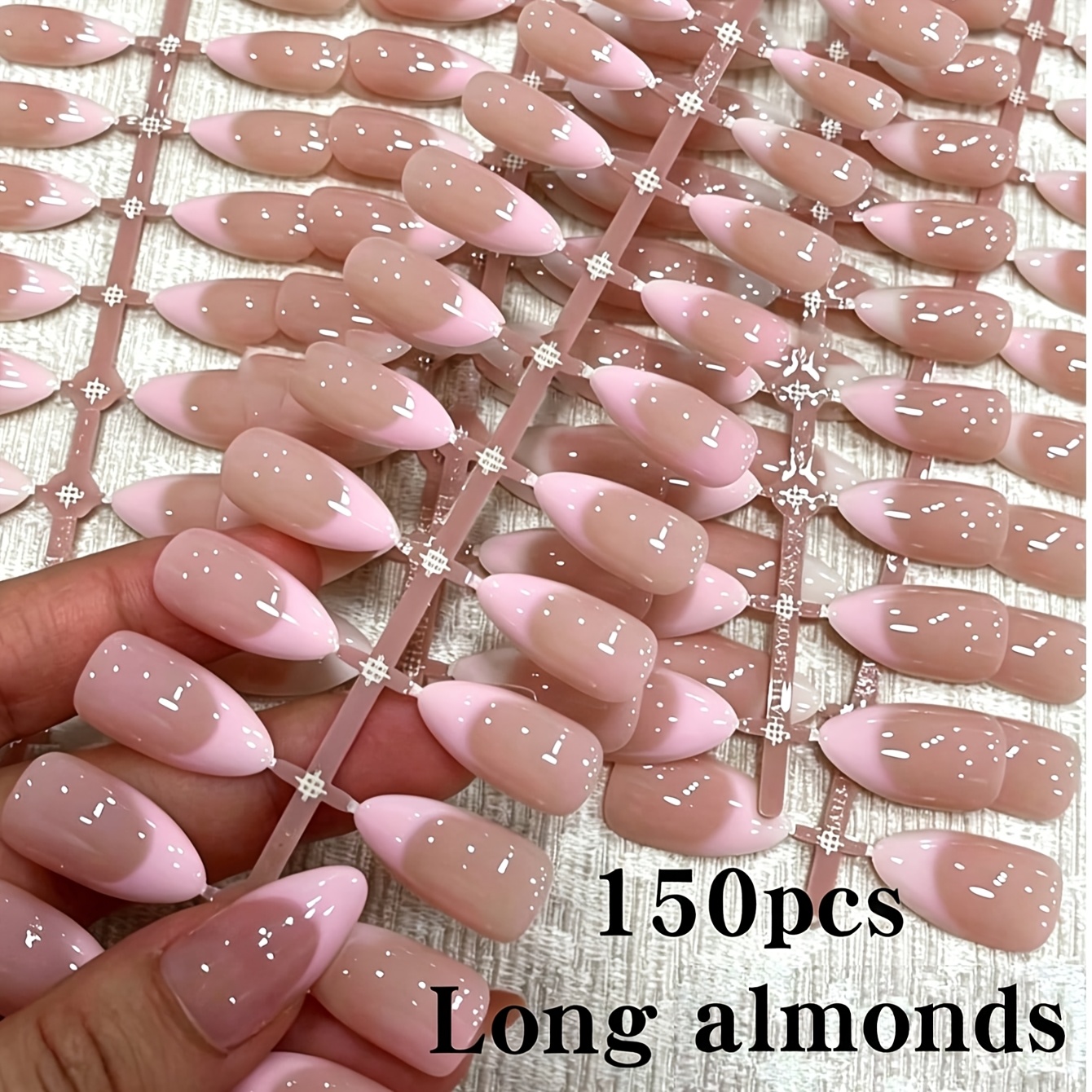 TEMU 150pcs Natural Pink Gradient French Long Pointed Press-on Nails Set, Milky White Pointed Edge Almond Shape, Full Coverage, Thin And Non-lifting,
