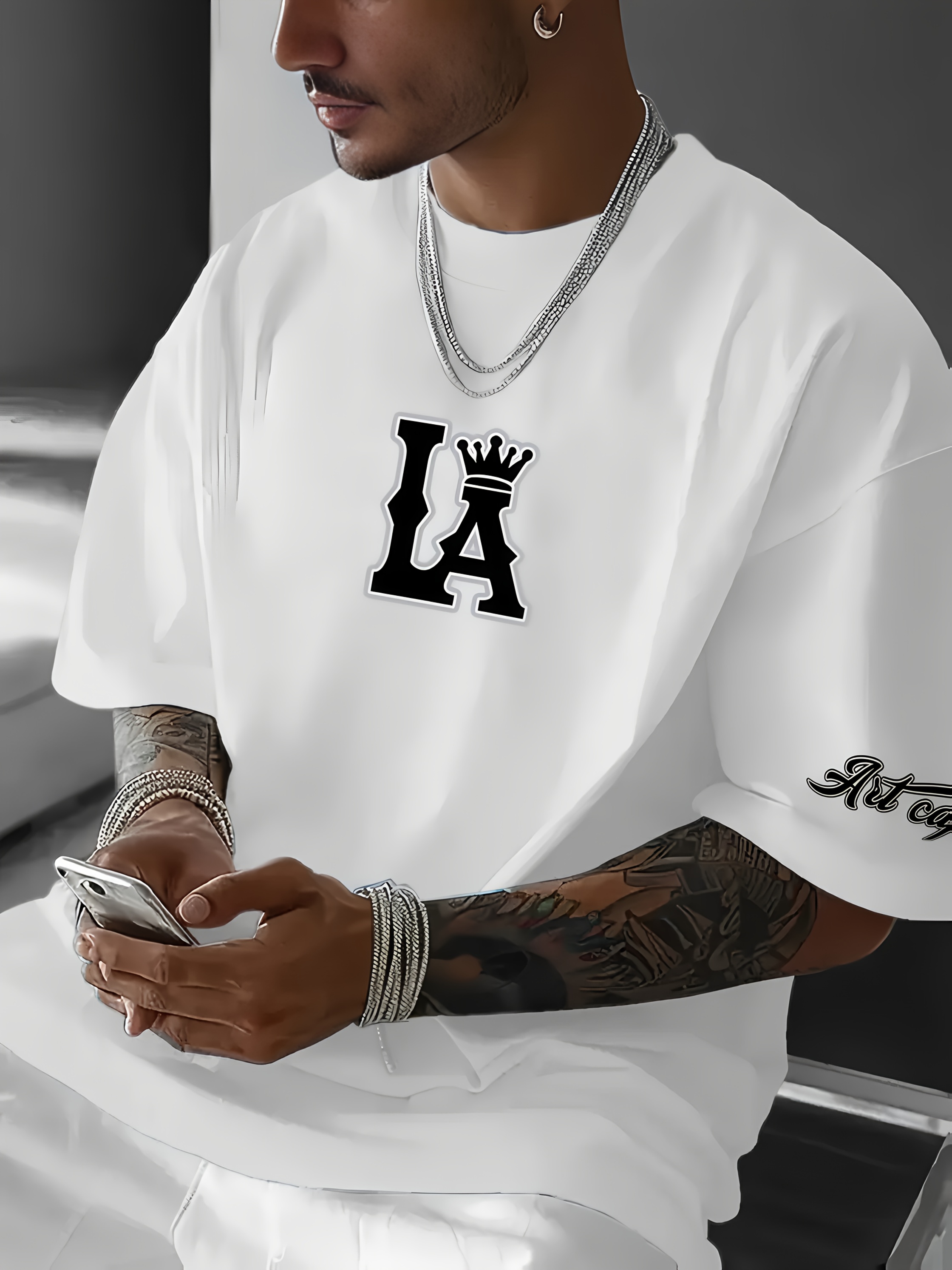 Men's Plus Size Los Angeles Graphic Print T-Shirt - 3D Crown Design, Stretch Polyester-Spandex Blend, Lightweight 150gsm, Machine Washable Casual Streetwear Tee, Sporty Tshirt | Urban Fashion | Smooth Texture Shirt, PLUS SIZE