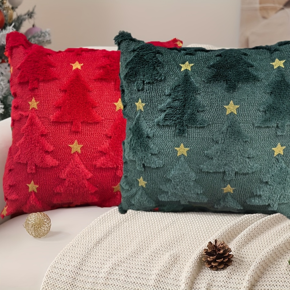 

Christmas Pillow Covers 18 X 18 Inch Set Of 2 Red Christmas Tree Pillow Covers Decorations Plush Fur Soft For Winter Bedroom Sofa Decors