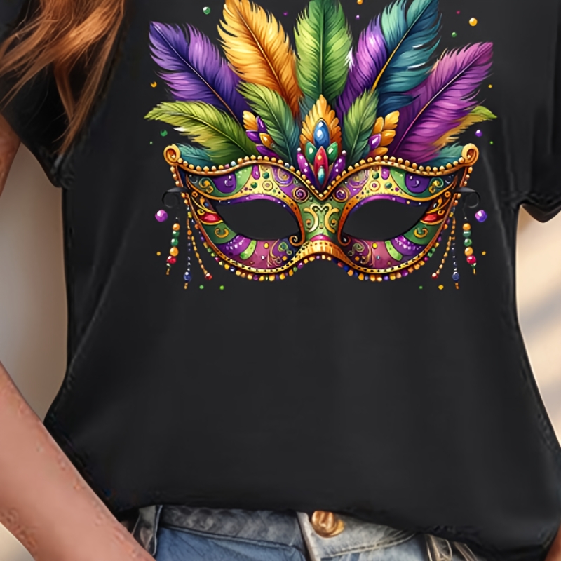 

T-shirt Masque de Carnaval Coloré pour Femme - Polyester Léger, Col en V, Manches Courtes, Haut d'Été Décontracté avec Option de