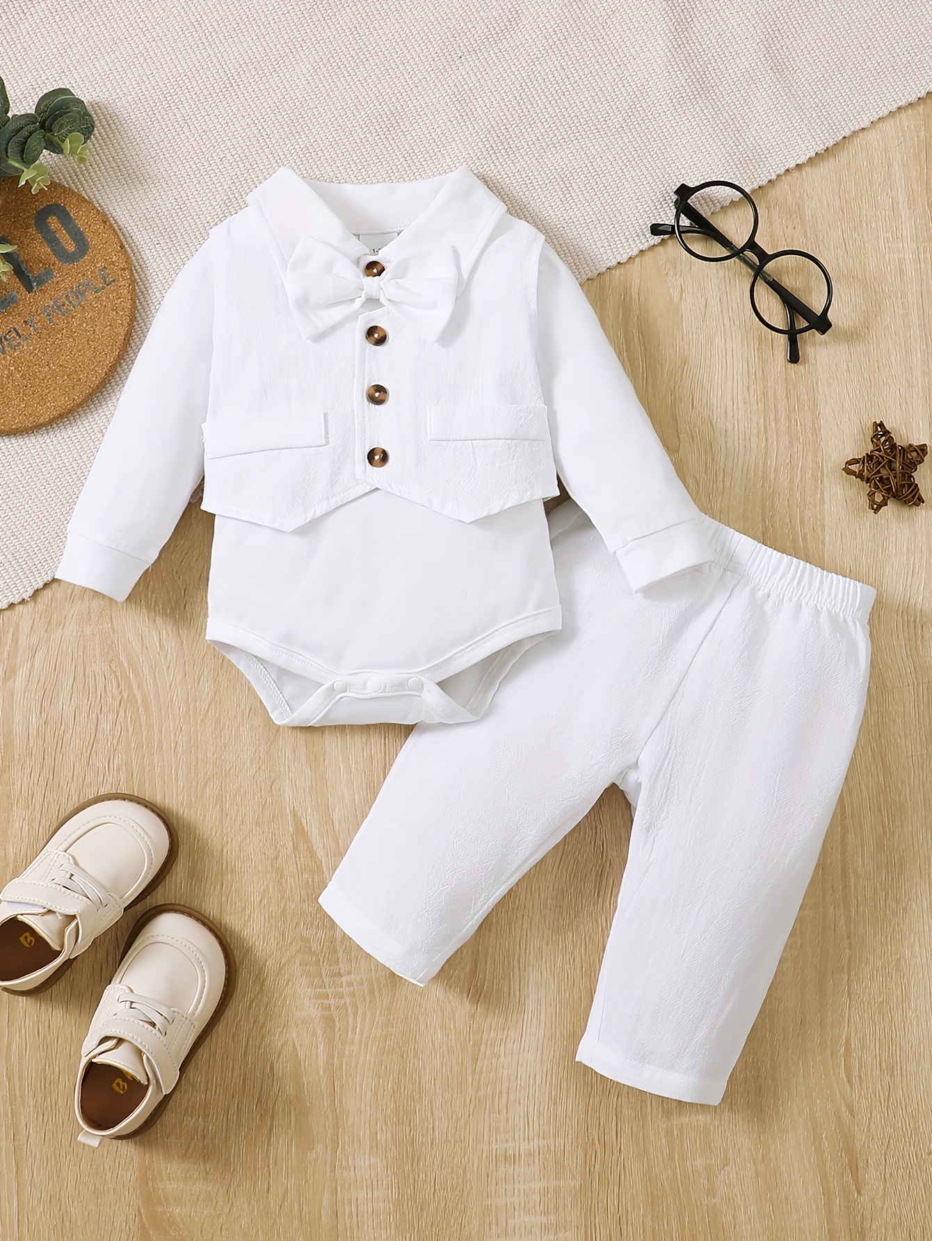 Baby Boy Outfit Set: Long-Sleeve Lapel Shirt Open-Front Vest Trousers  Bow Tie Gentleman'S Formal Wear, Comfortable Washed Suit: 95%,