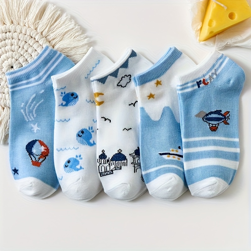 E-shop 5 Paar Damen Knöchelsocken - Sommer Leichte Atmungsaktive Bootsschuhe mit Cartoon-Ozean-Anime-Designs, Gemischte Farben Streifen & Charaktere,