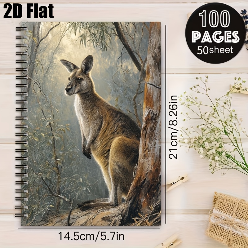 TEMU 1pc [2d] Flat Spiral Notebook, Australian Kangaroo Scenery Illustration A5 Spiral Coil Notebook, Back-to-school Portable Journal, Notepad, Fresh