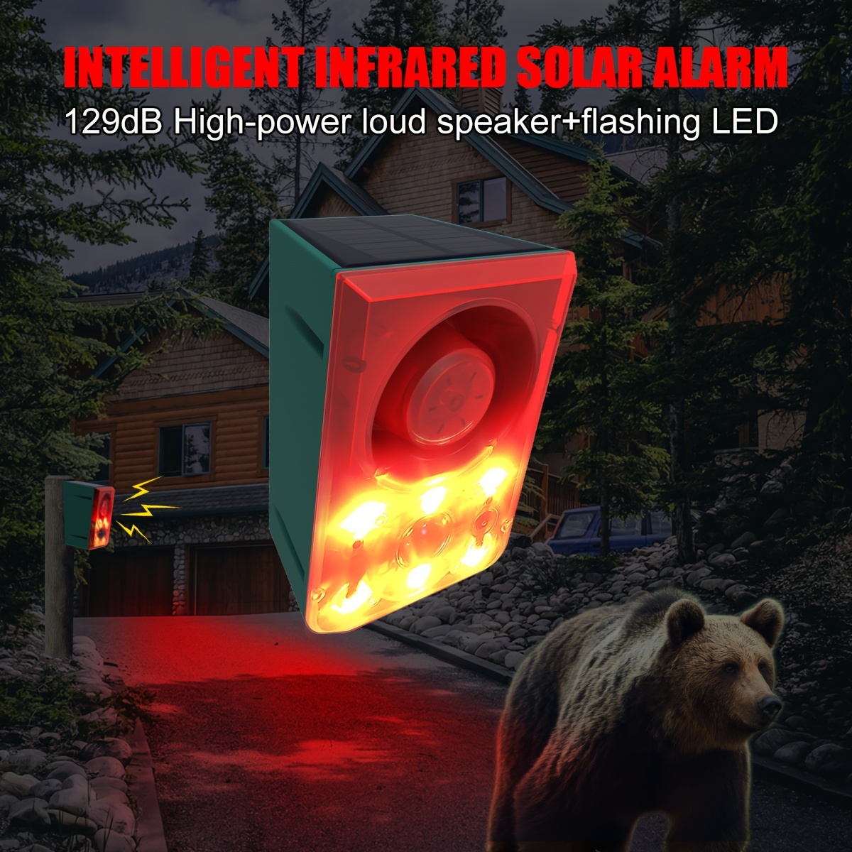 Image of Solar Outdoor Motion Sensor Alarm Ip55 - Barking Sound And Recording, Volume Adjustment, 130db Noise With Flashing Light To Deer, Skunk, Bear