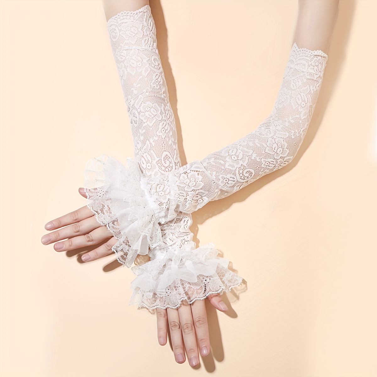 E-shop 1 Paar Spitzenhandschuhe mit Blumenbesatz, Ins-Stil Sommer-Sonnenschutz, einfarbige Y2K--Armstulpen mit Lochmuster im süßen Stil, geeignet für